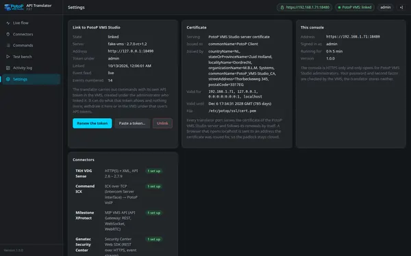 Settings: the link, the certificate, the console