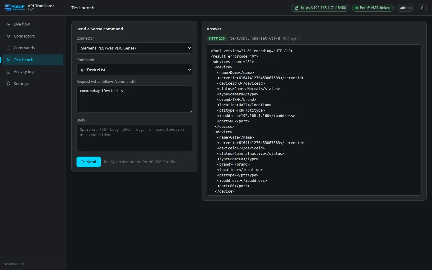 Test bench: a Sense command, really carried out